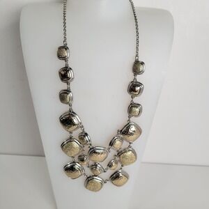 Monet 2 Tone Bib Necklace Silver Gold Links Squares Statement 20" Jewelry